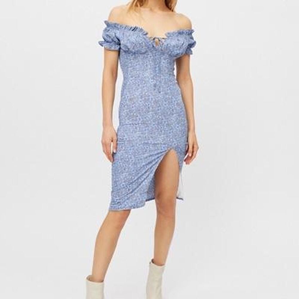 Blue Bardot Off-the-Shoulder Floral Dresses